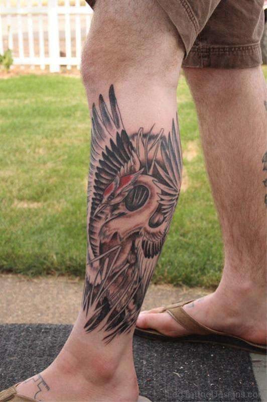Grey Ink Bird Tattoo On Leg