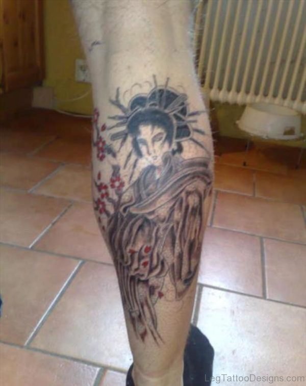 Grey Ink Geisha Tattoo On Right Back Leg