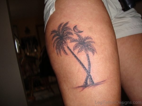 Grey Ink Palm Tree Tattoos On Right Thigh