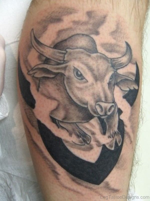 Grey Ink Taurus Tattoo On Leg