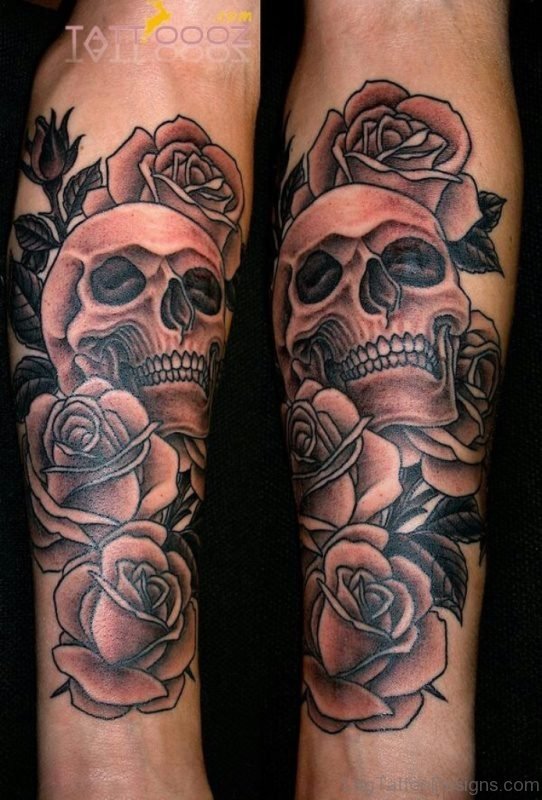 Grey Rose And Skull Tattoo