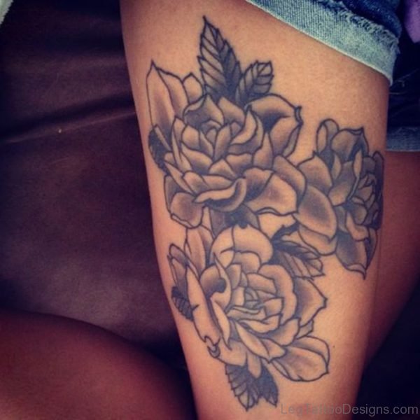 Grey Rose Flowers Tattoos On Thigh