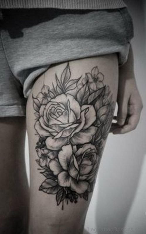 Grey Rose Tattoo On Thigh