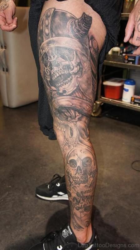 Grey Skull Tattoo On Leg
