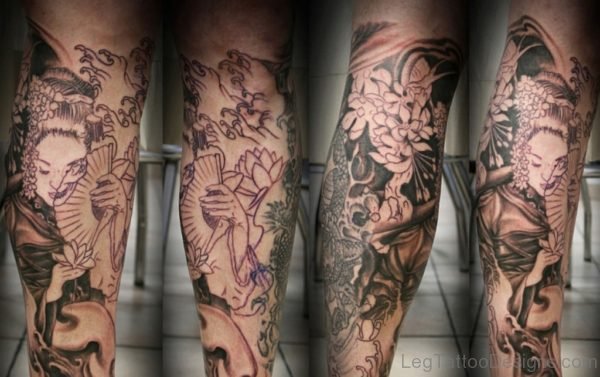 Grey ink Geisha Tattoos On Leg