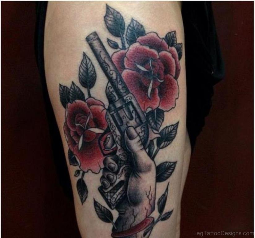 72 Delightful Gun Tattoos On Thigh.