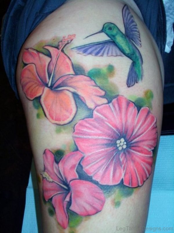 Hawaiian Flowers Thigh Tattoo