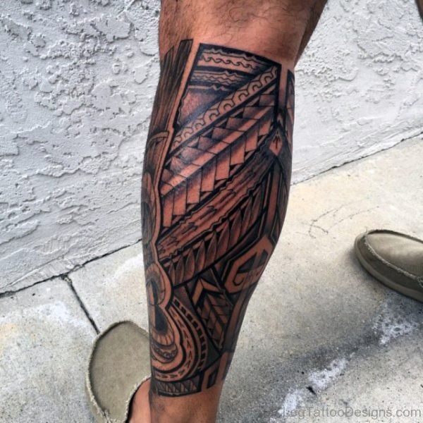 Hawaiian Tribal Tattoo On Leg