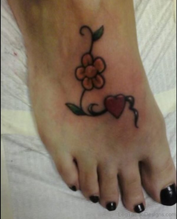 Heart And Flower Tattoo On Foot