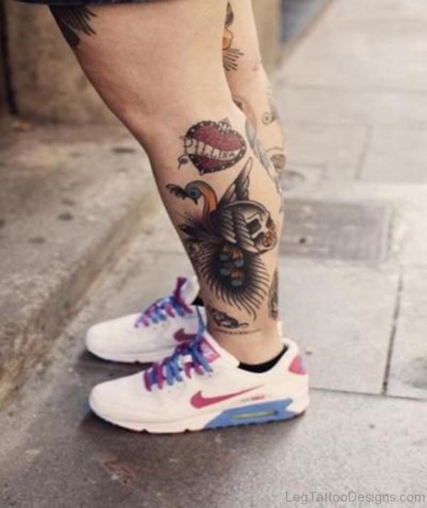 Heart And Skull Leg Tattoo