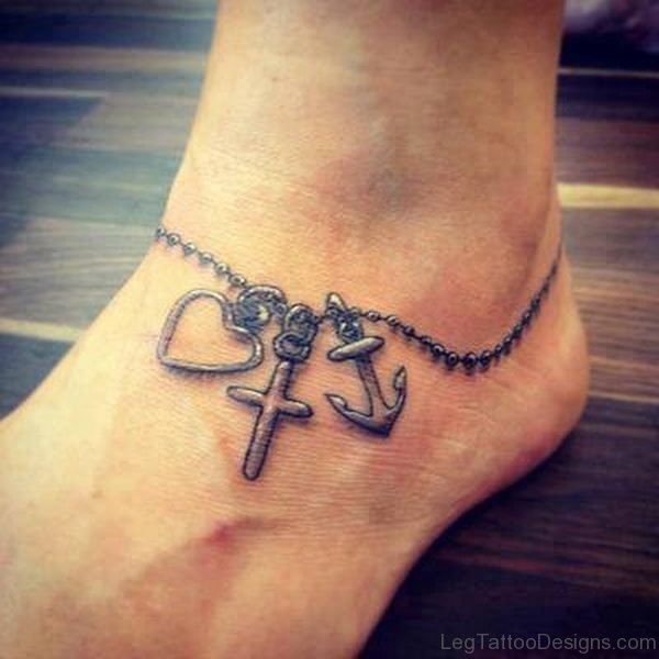 Heart With Anchor Tattoo On Ankle