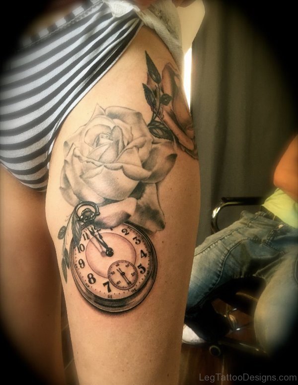 Impressive Clock Tattoo on Thigh