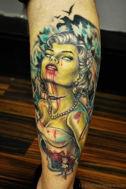 Injured Zombie Pin Up Tattoo On Leg