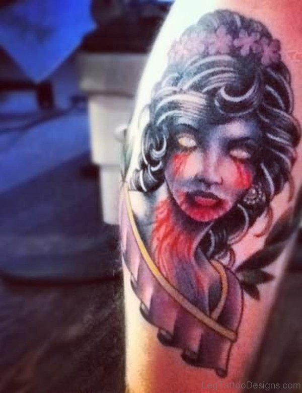 Injured Zombie Pin Up Tattoo On Leg Image