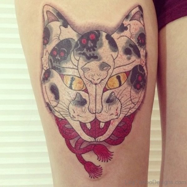 Japanese Cat Tattoo On Thigh