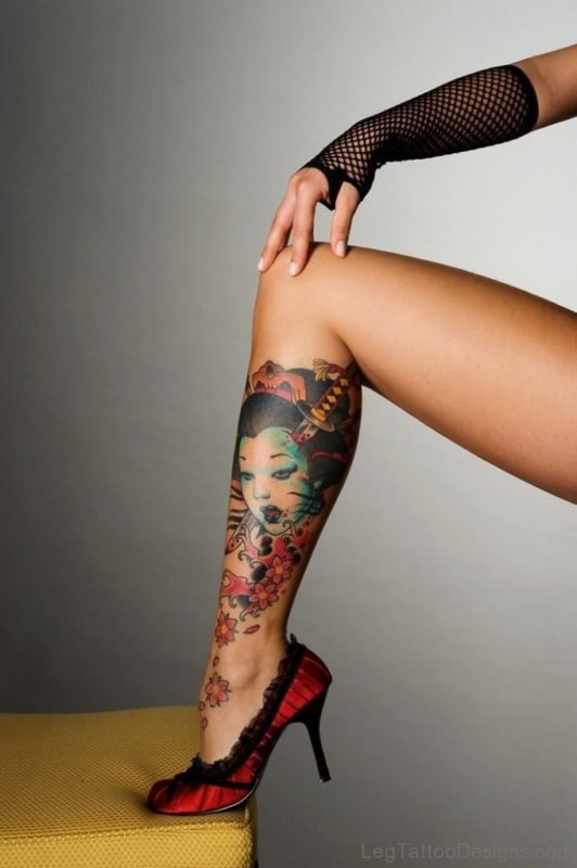 Japanese Geisha Tattoo On Leg Of Girl