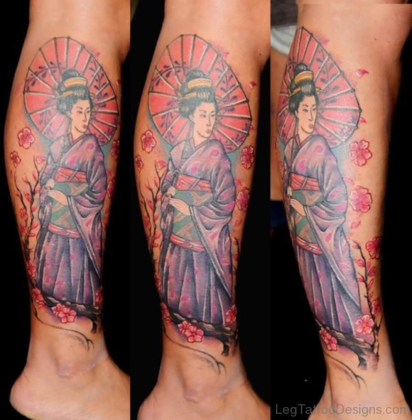 Japanese Geisha Tattoo On Lower Leg