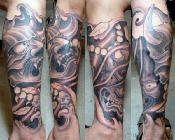 Japanese Mask Tattoo For Leg