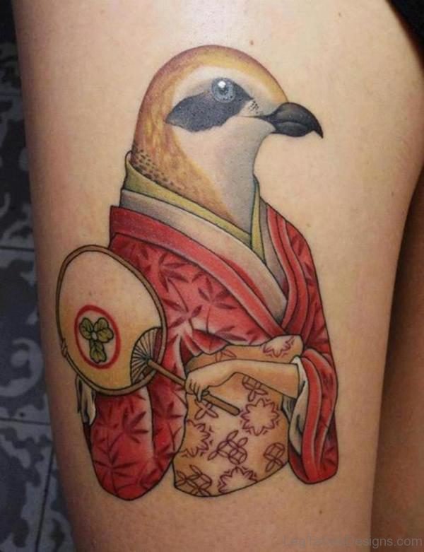 Japnease Style Bird Tattoo On Thigh