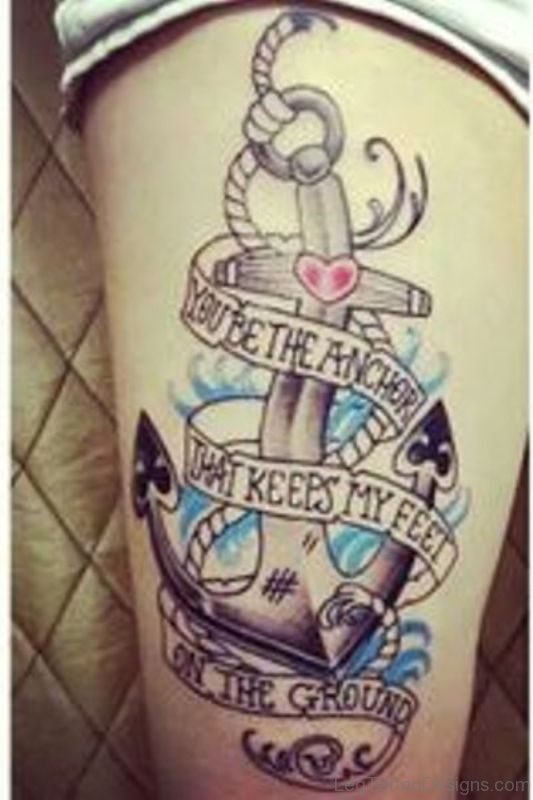 Lettering Anchor Thigh Tattoo