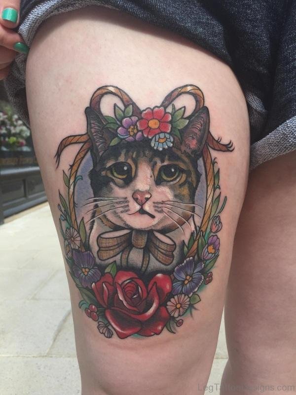 Lovely Cat Tattoo On Thigh