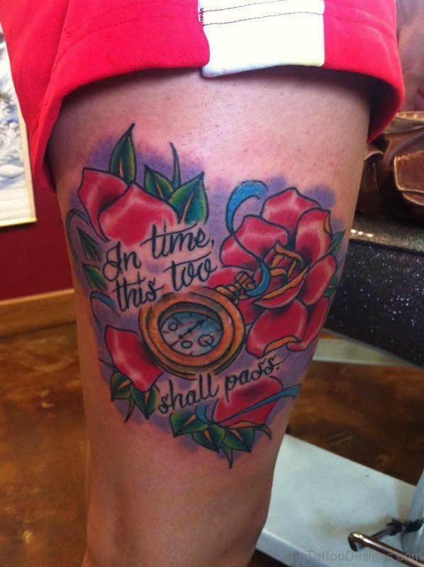 Lovely Clock Thigh Tattoo