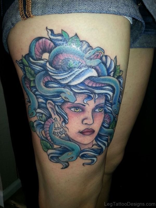 Lovely Medusa Tattoo On Thigh For Girls