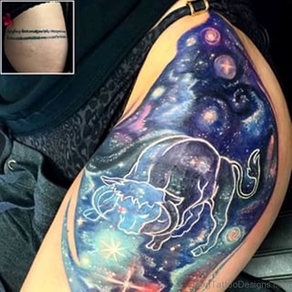 Lovely Taurus Tattoo On Thigh