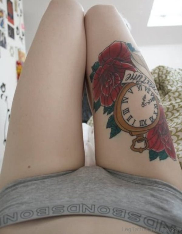 Marvelous Clock Tattoo On Thigh