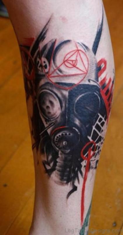 Mask Tattoo On Leg Calf