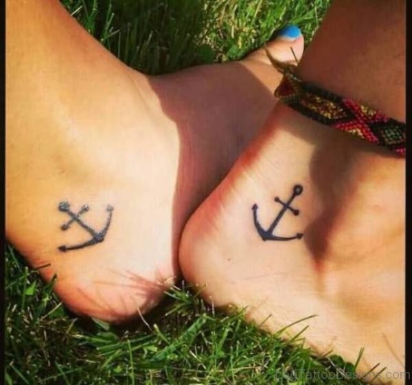 Matching Simple Anchor Tattoo On Ankle