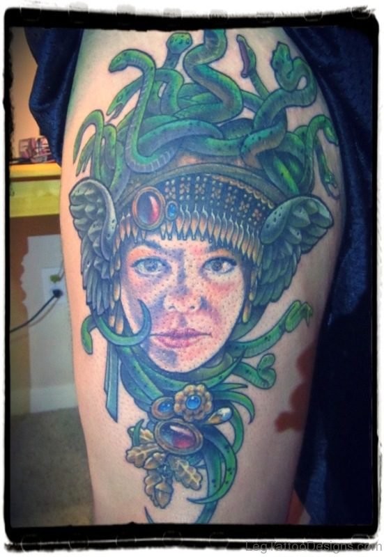 Medusa Head Tattoo On Thigh