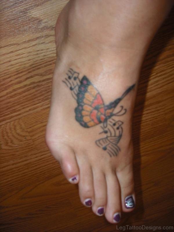 Musical Note With Butterfly Tattoo On Foot 