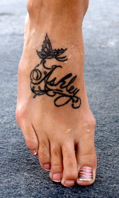 Name And Butterfly Tattoo On Foot