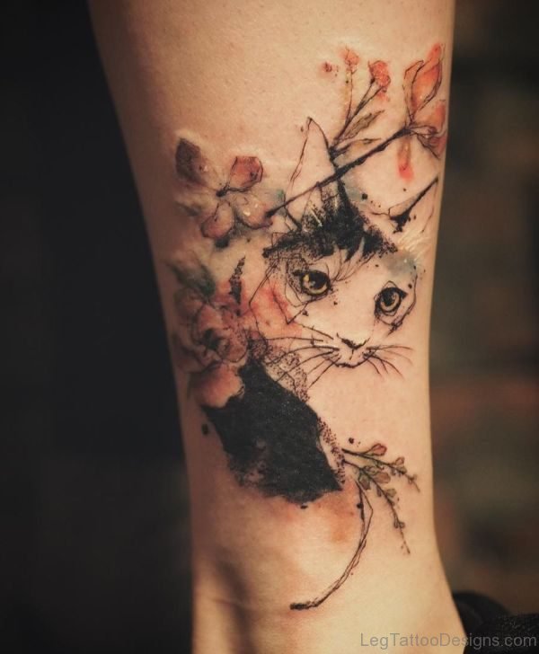 Nice Cat Tattoo Design On Leg