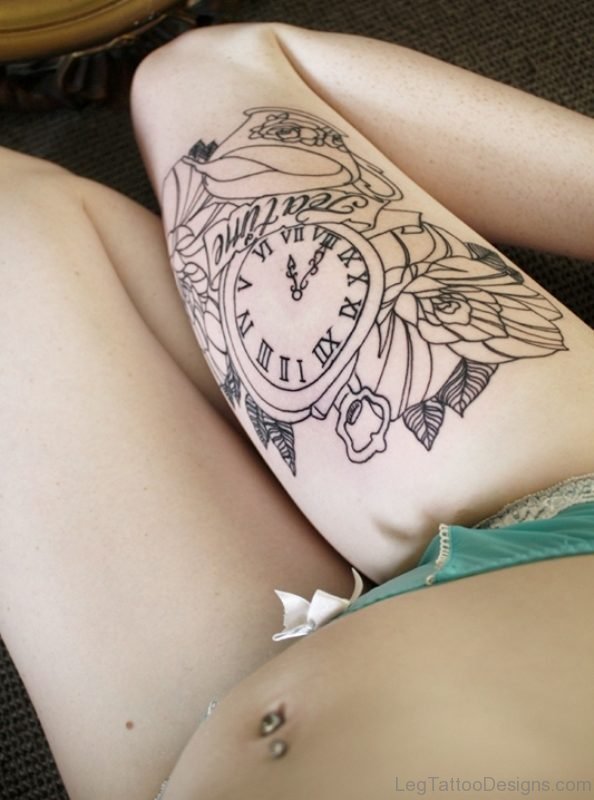 Nice Clock tattoo On Thigh