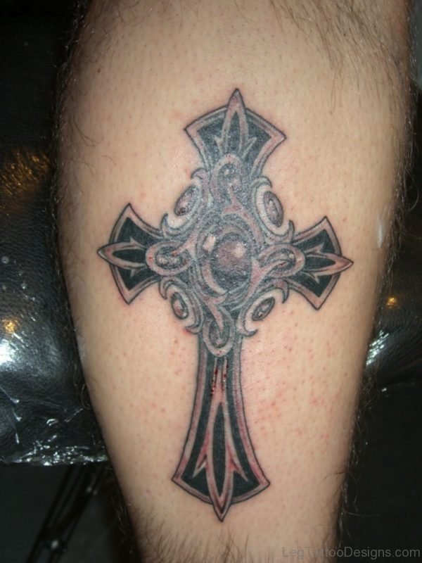 Nice Cross Tattoo On Leg