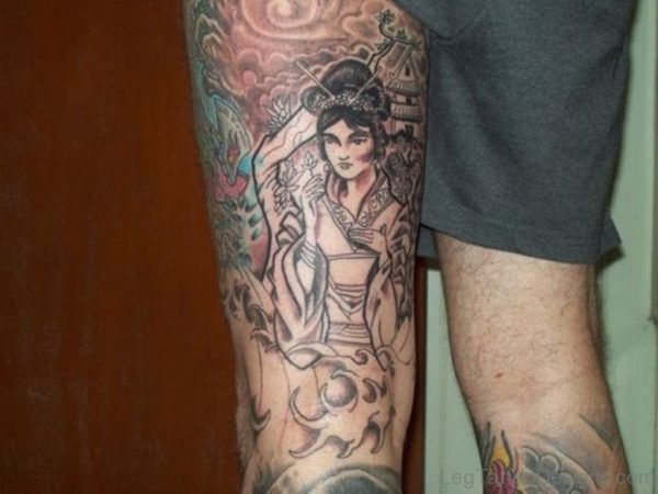 Nice Geisha Tattoo On Leg