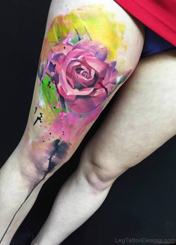 Nice Rose Tattoo On Thigh