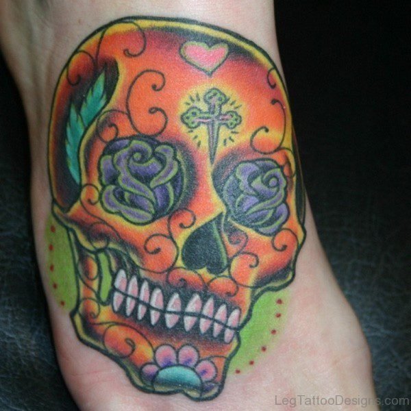 Orange Sugar Skull Tattoo On Foot