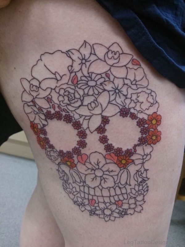 Outline Flower Skull Tattoo On Thigh