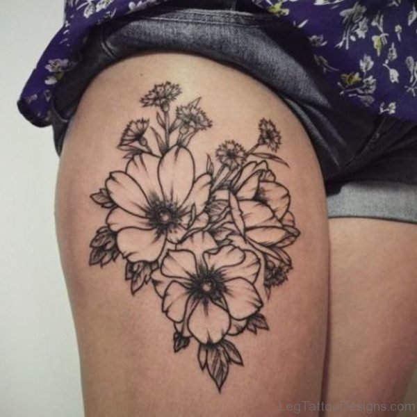 Outline Flower Tattoo On Thigh