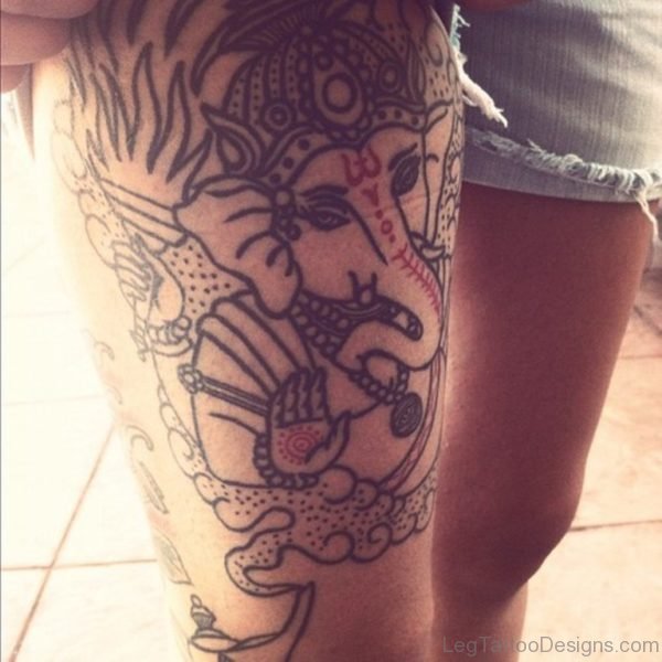 Outline Ganesha Tattoo On Thigh