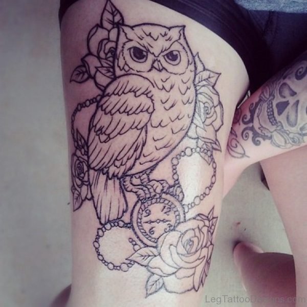 Outline Owl And Flowers Tattoo