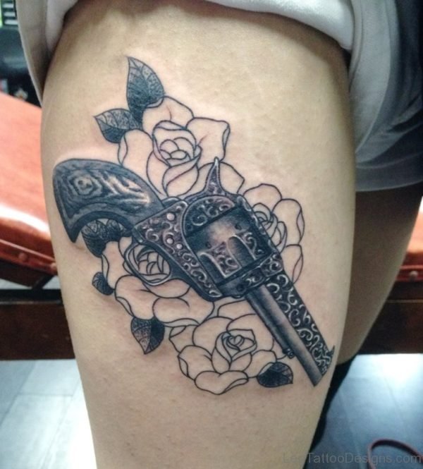 Outline Rose And Gun Tattoo