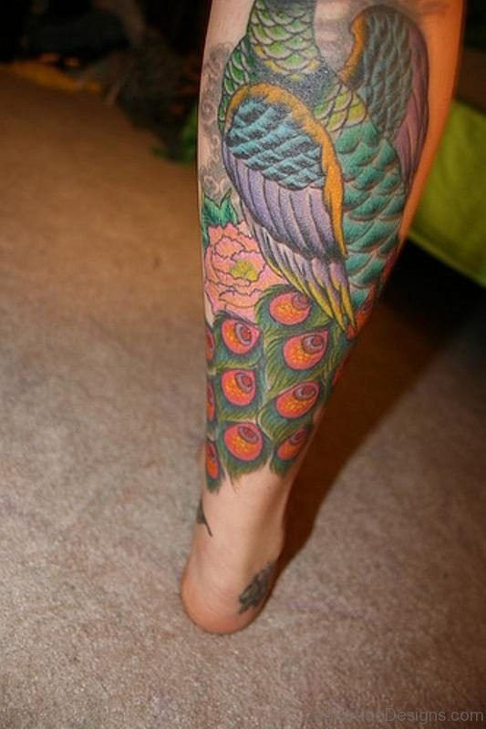 Outstanding Peacock Feather Tattoo On Leg