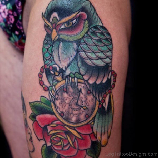 Owl Clcok Tattoo On Thigh