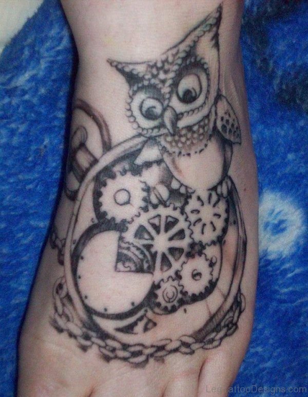 Owl Clock Tattoo On Foot