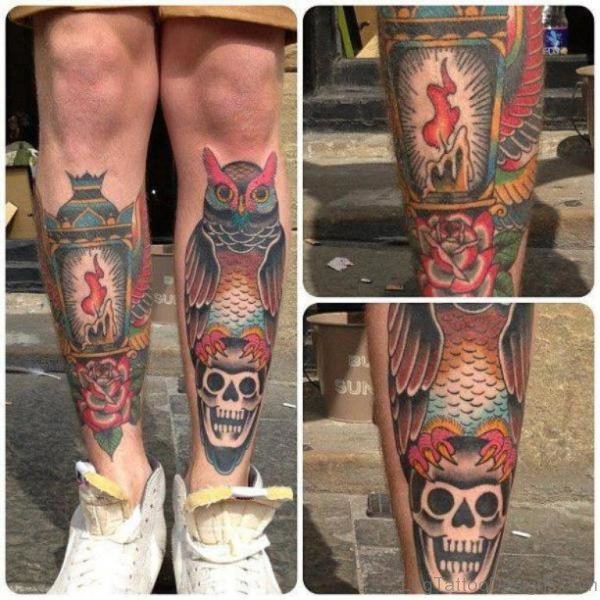 Owl Lamp n Skull Tattoo On Leg