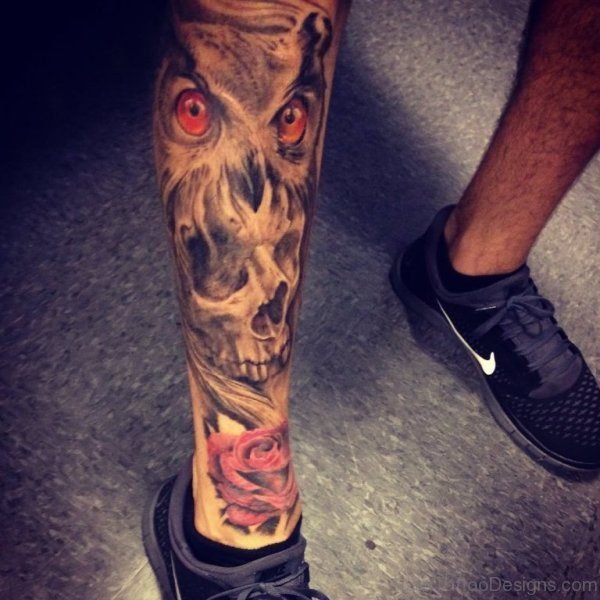 Owl With Skull Tattoo On Leg